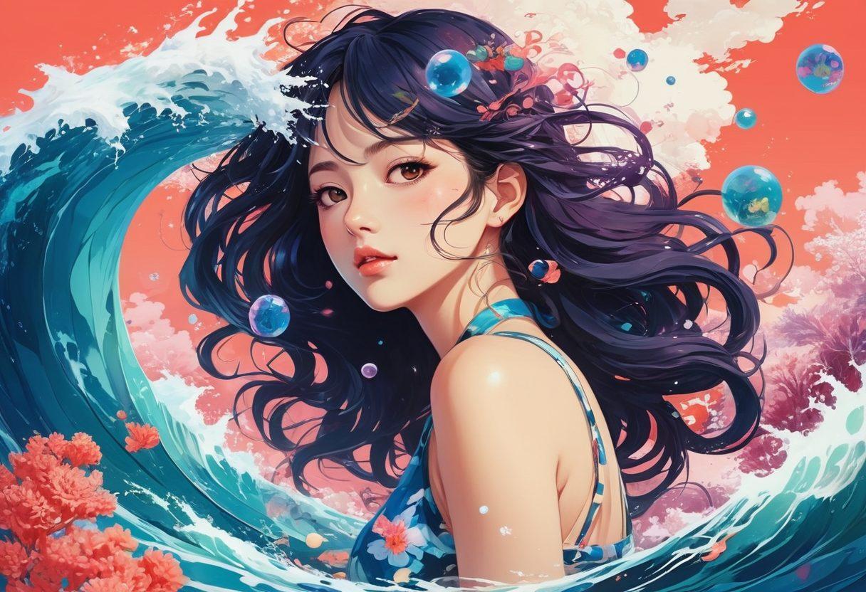 A vibrant collage of iconic hentai characters from various anime and manga, intertwined with swirling waves of colorful abstract patterns representing the depths of creativity. The backdrop features a tranquil, underwater scene with bubbles and coral, emphasizing the theme of exploration. Elements of nostalgia with vintage manga panels subtly integrated into the design. vivid colors. digital art. dynamic composition.
