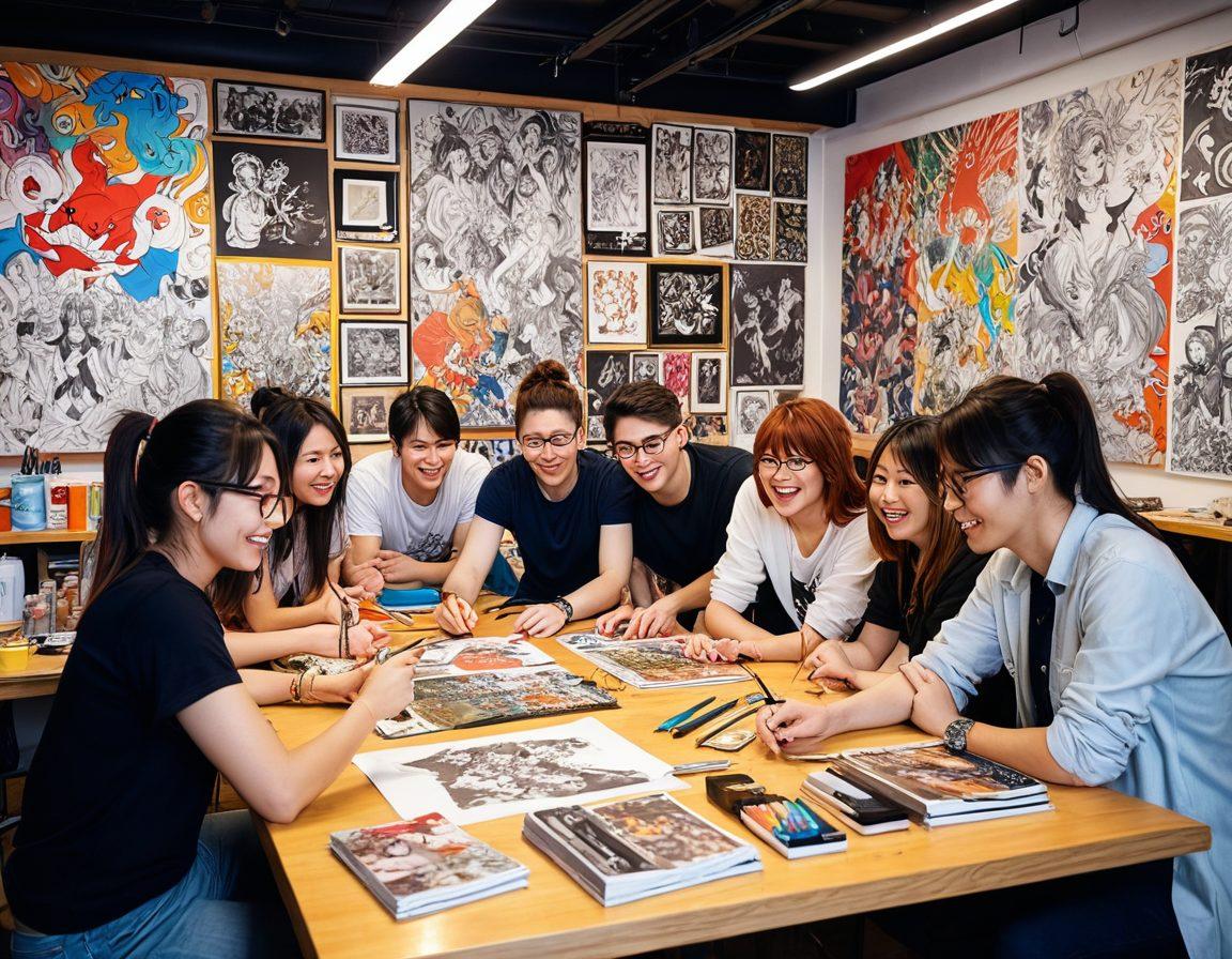 A vibrant and colorful illustration featuring a diverse group of artists collaboratively creating hentai-inspired artwork in a lively studio setting. The scene includes various art supplies, sketches, and digital screens displaying imaginative characters. Surrounding the artists are elements symbolizing community, such as shared laughter and supportive interactions. The background showcases a colorful mural representing the evolution of hentai culture. bright colors, dynamic composition, illustrative style.